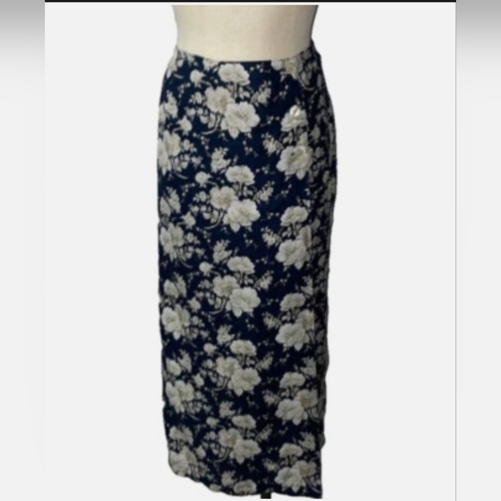 Liz Claiborne Blue and White Floral True Wrap Maxi Skirt Size 12